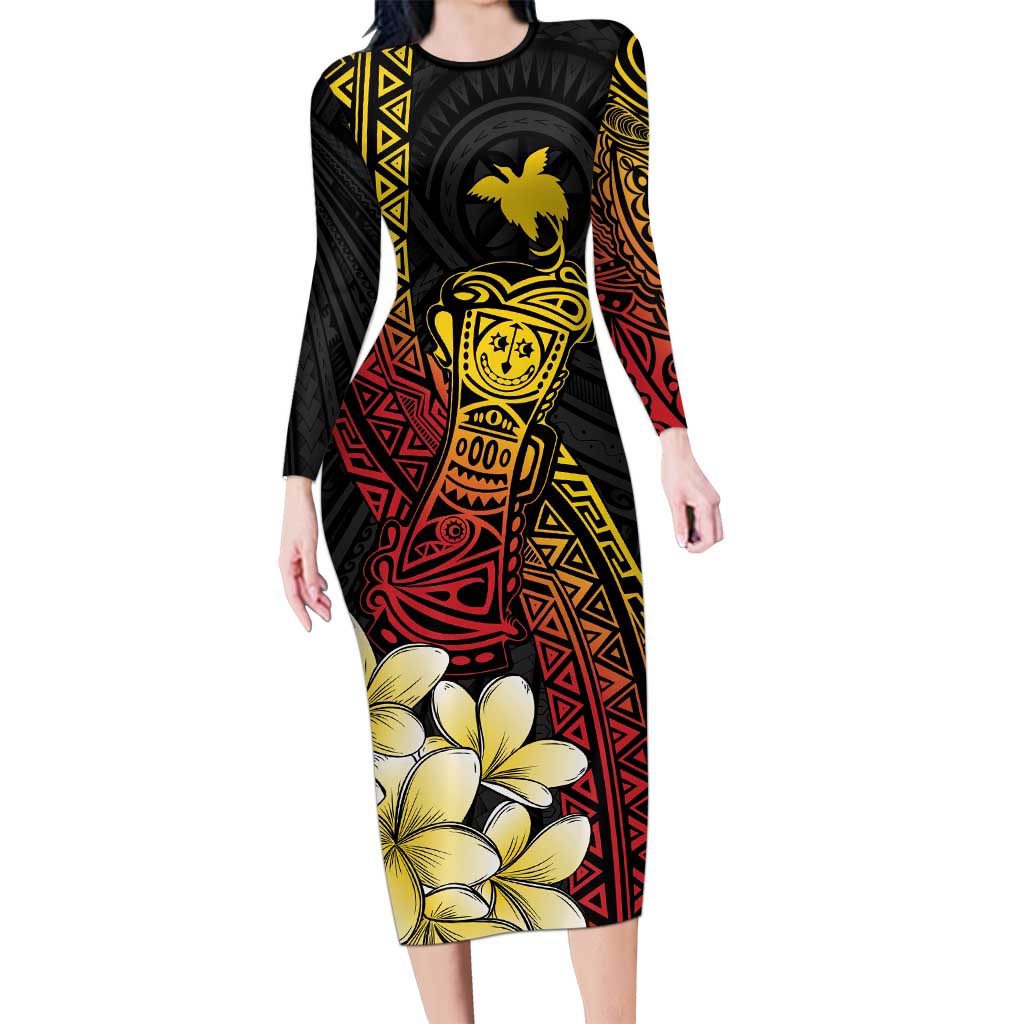 Personalized Papua New Guinea Long Sleeve Bodycon Dress Kundu Drum Carving Motifs