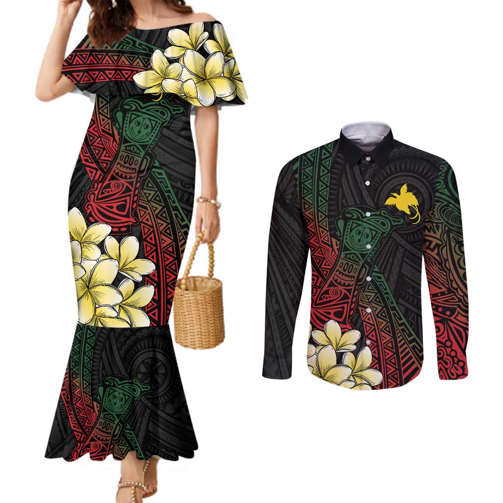 Personalized Papua New Guinea Couples Matching Mermaid Dress and Long Sleeve Button Shirt Kundu Drum Motifs - Sepik Colors