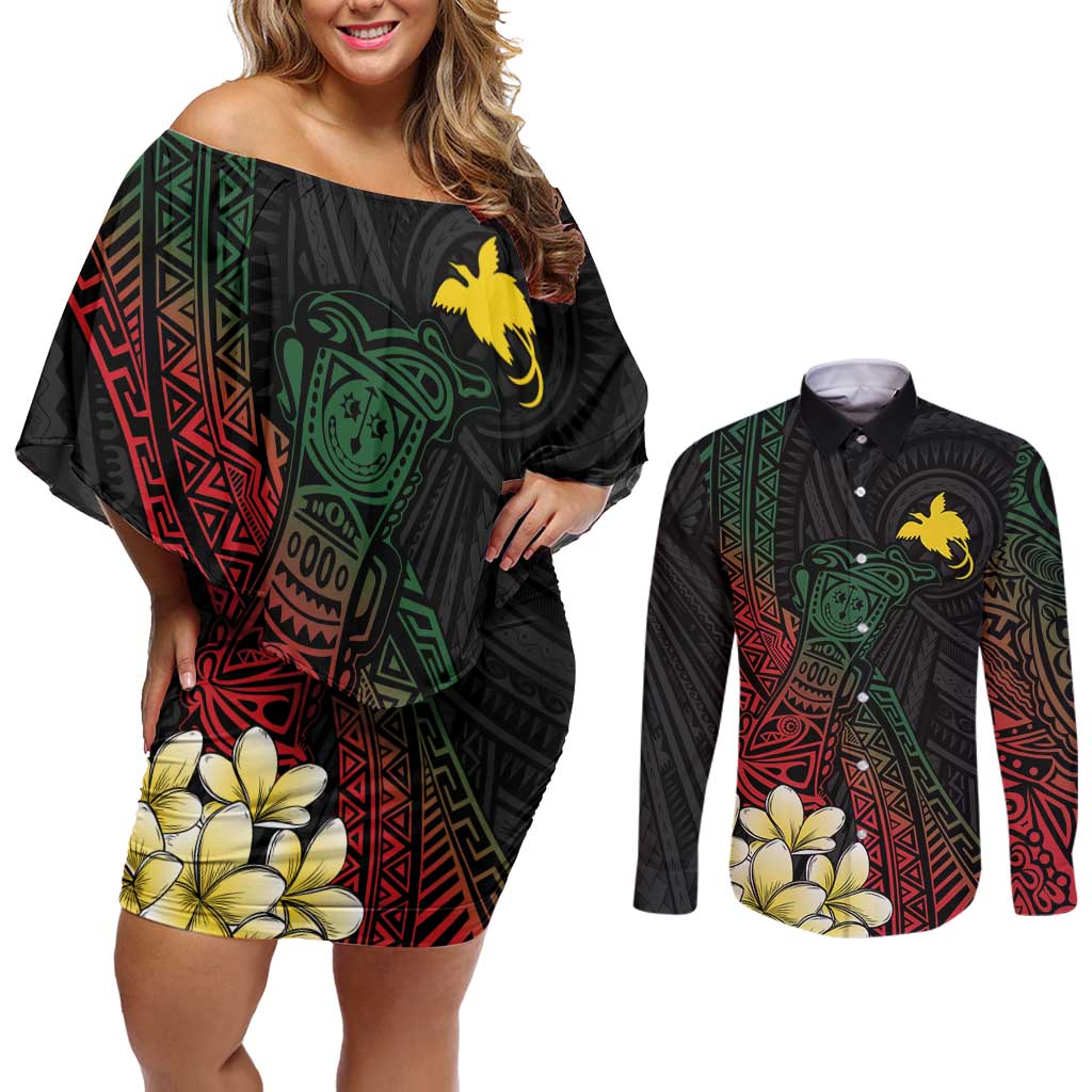 Personalized Papua New Guinea Couples Matching Off Shoulder Short Dress and Long Sleeve Button Shirt Kundu Drum Motifs - Sepik Colors