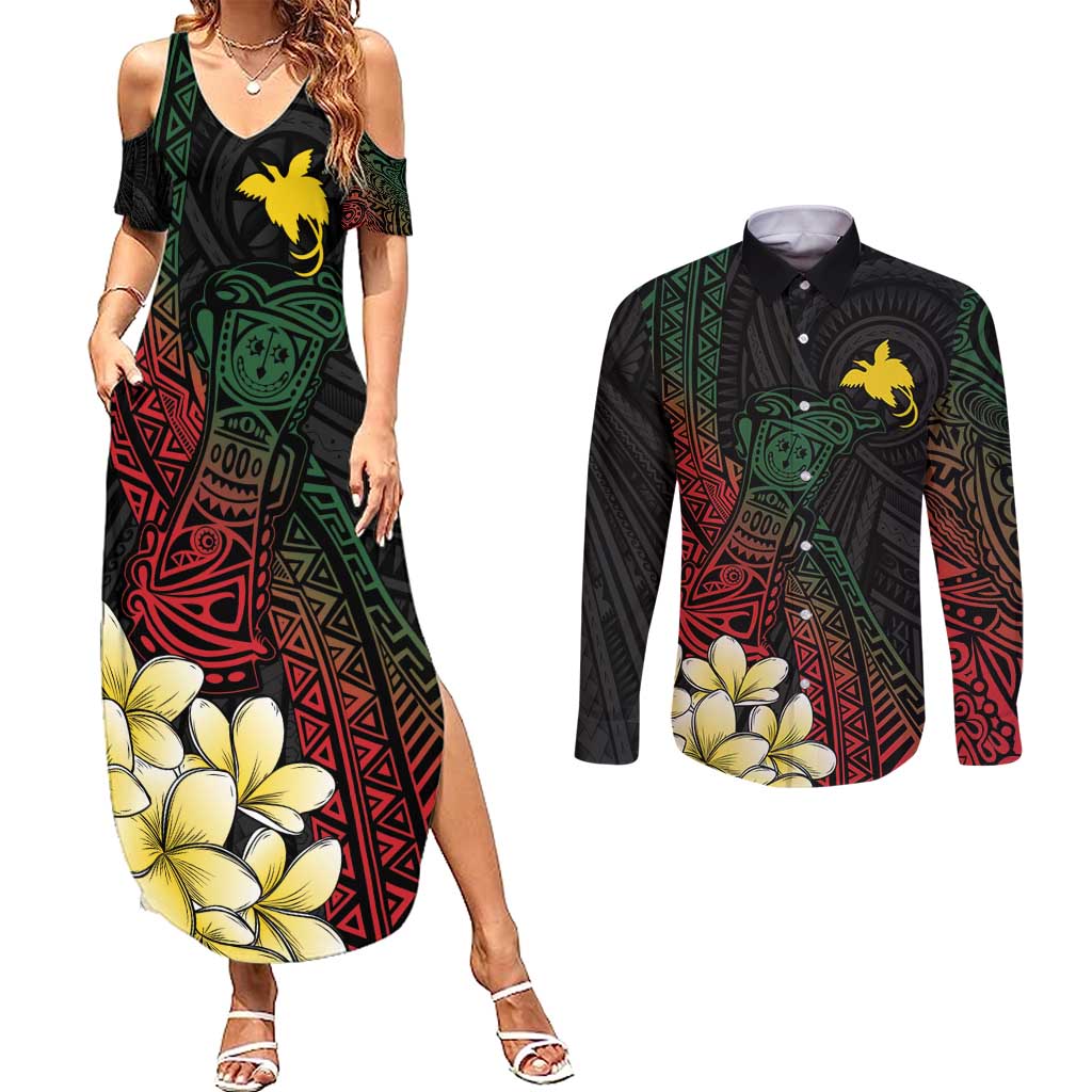 Personalized Papua New Guinea Couples Matching Summer Maxi Dress and Long Sleeve Button Shirt Kundu Drum Motifs - Sepik Colors