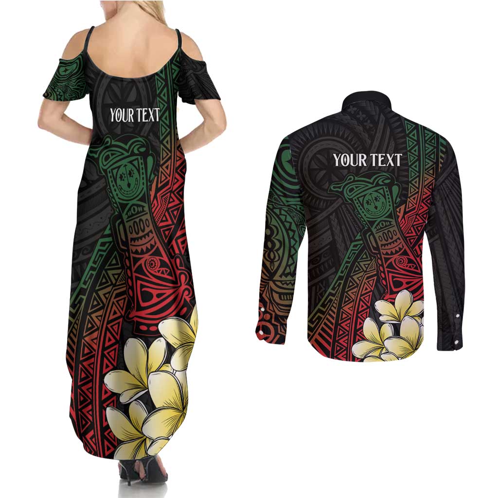 Personalized Papua New Guinea Couples Matching Summer Maxi Dress and Long Sleeve Button Shirt Kundu Drum Motifs - Sepik Colors
