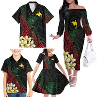 Personalized Papua New Guinea Family Matching Off The Shoulder Long Sleeve Dress and Hawaiian Shirt Kundu Drum Motifs - Sepik Colors