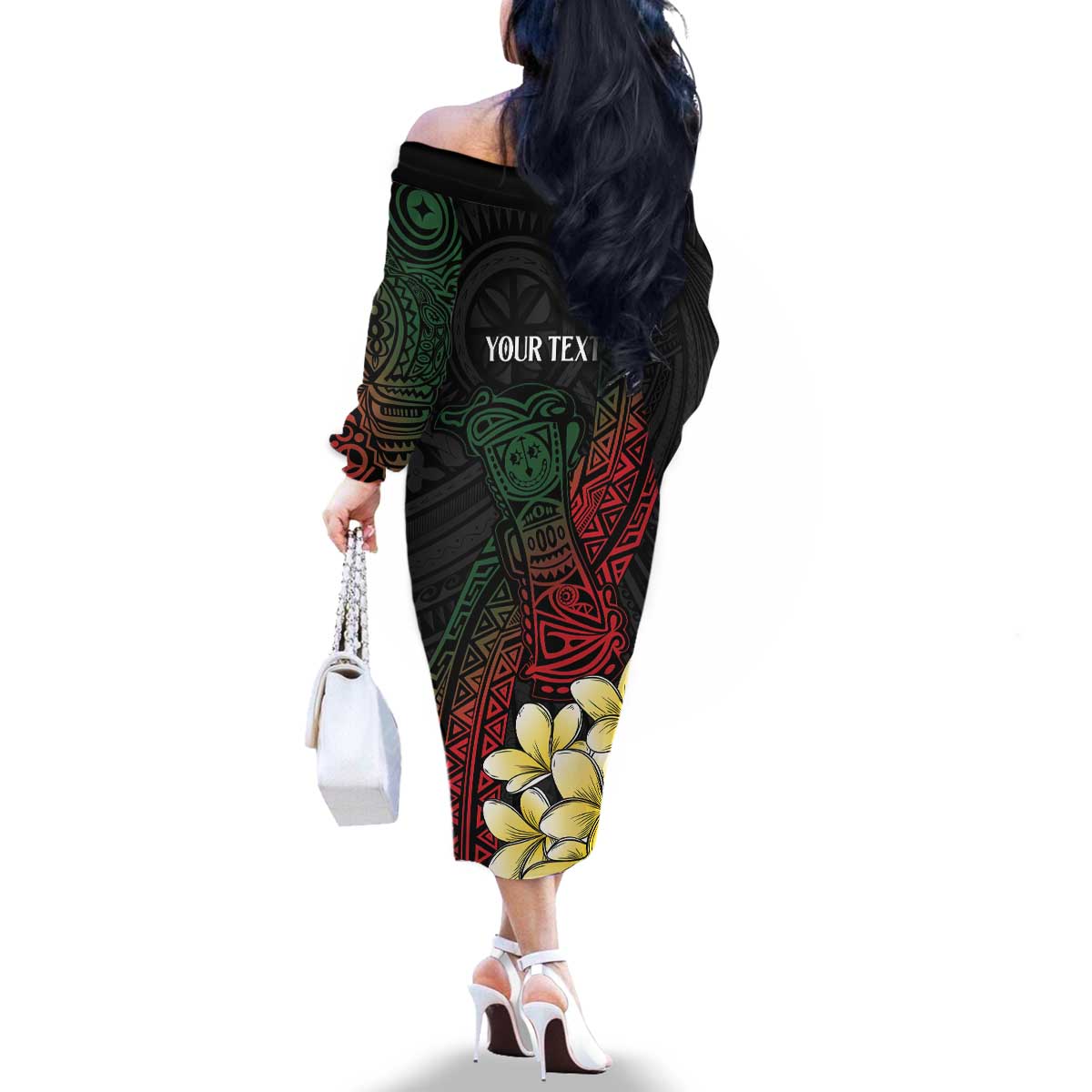 Personalized Papua New Guinea Family Matching Off The Shoulder Long Sleeve Dress and Hawaiian Shirt Kundu Drum Motifs - Sepik Colors