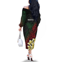 Personalized Papua New Guinea Family Matching Off The Shoulder Long Sleeve Dress and Hawaiian Shirt Kundu Drum Motifs - Sepik Colors