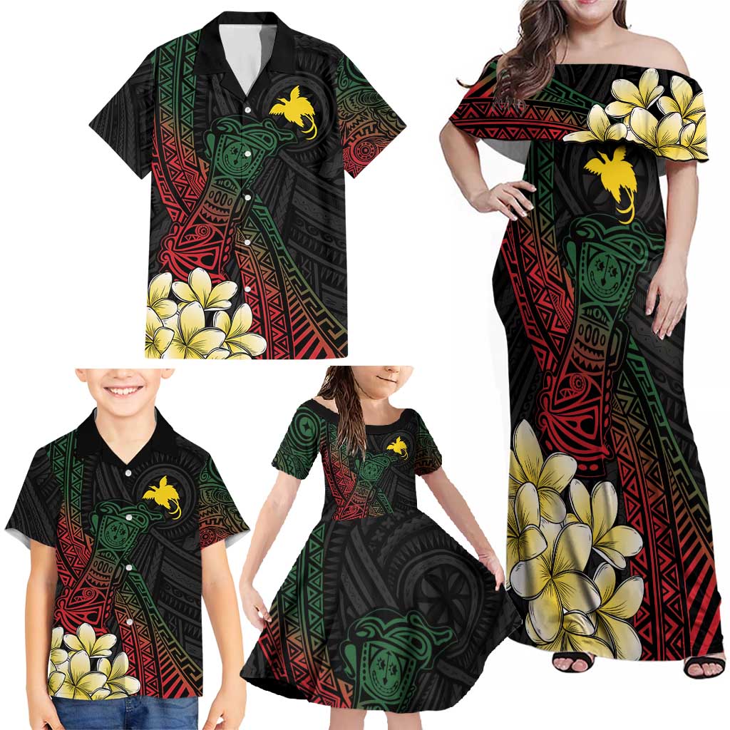 Personalized Papua New Guinea Family Matching Off Shoulder Maxi Dress and Hawaiian Shirt Kundu Drum Motifs - Sepik Colors