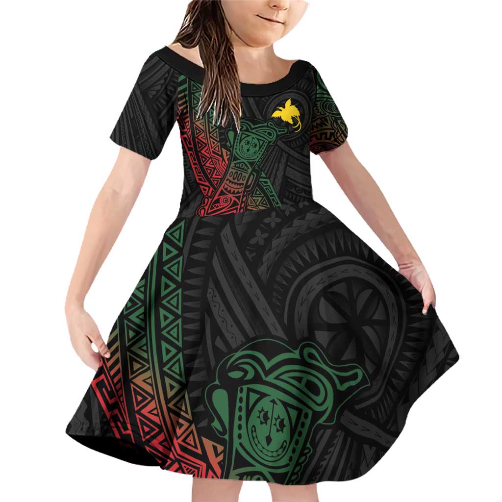 Personalized Papua New Guinea Family Matching Off Shoulder Short Dress and Hawaiian Shirt Kundu Drum Motifs - Sepik Colors