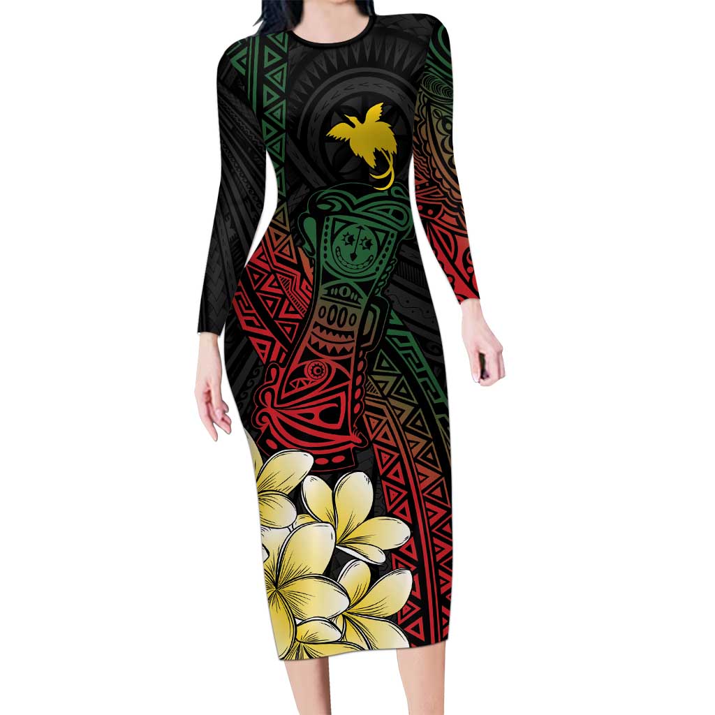 Personalized Papua New Guinea Long Sleeve Bodycon Dress Kundu Drum Motifs - Sepik Colors