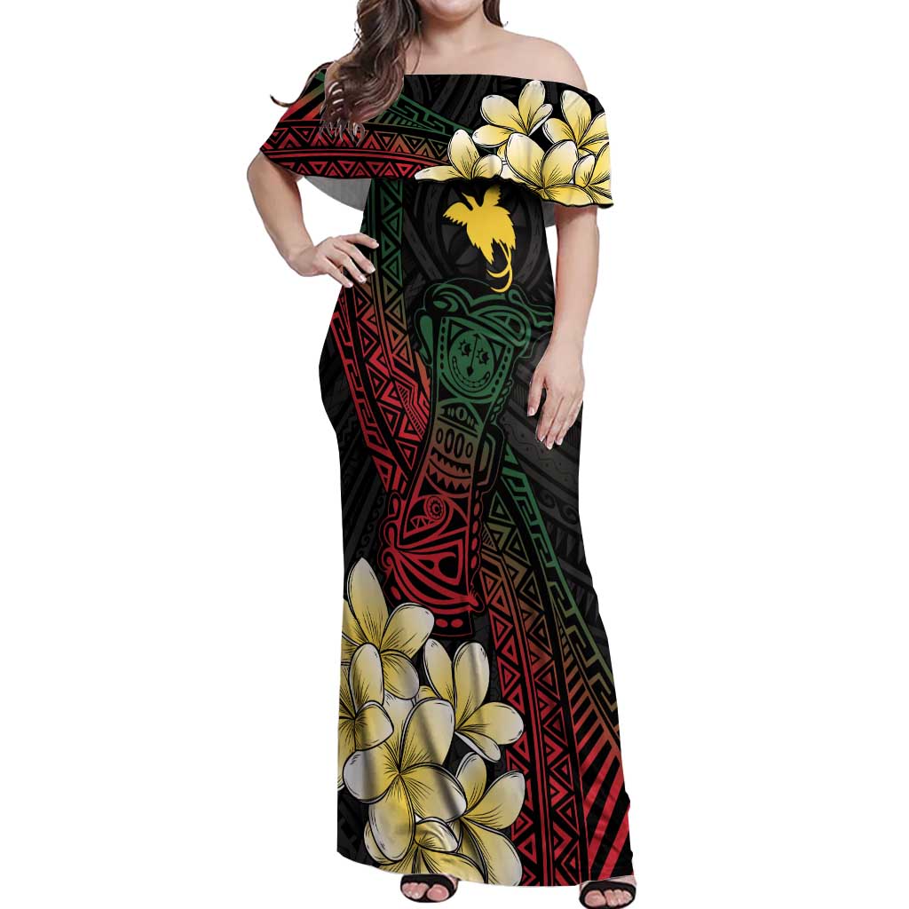 Personalized Papua New Guinea Off Shoulder Maxi Dress Kundu Drum Motifs - Sepik Colors