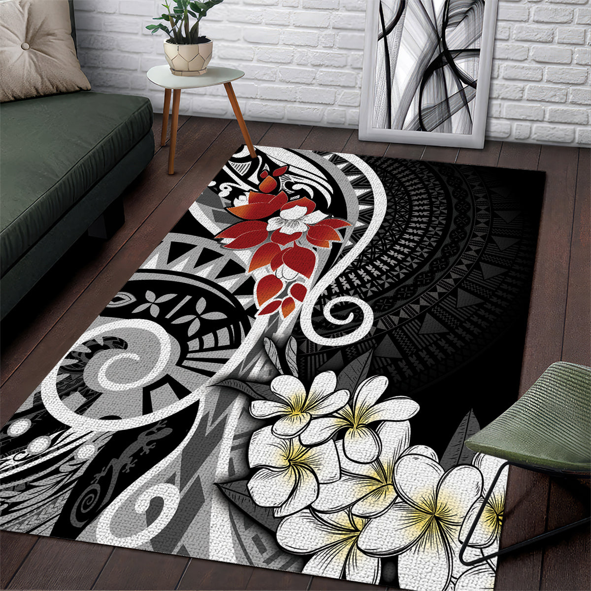 Bula Fiji Tagimaucia Mix Plumeria Masi Tapa Area Rug Black