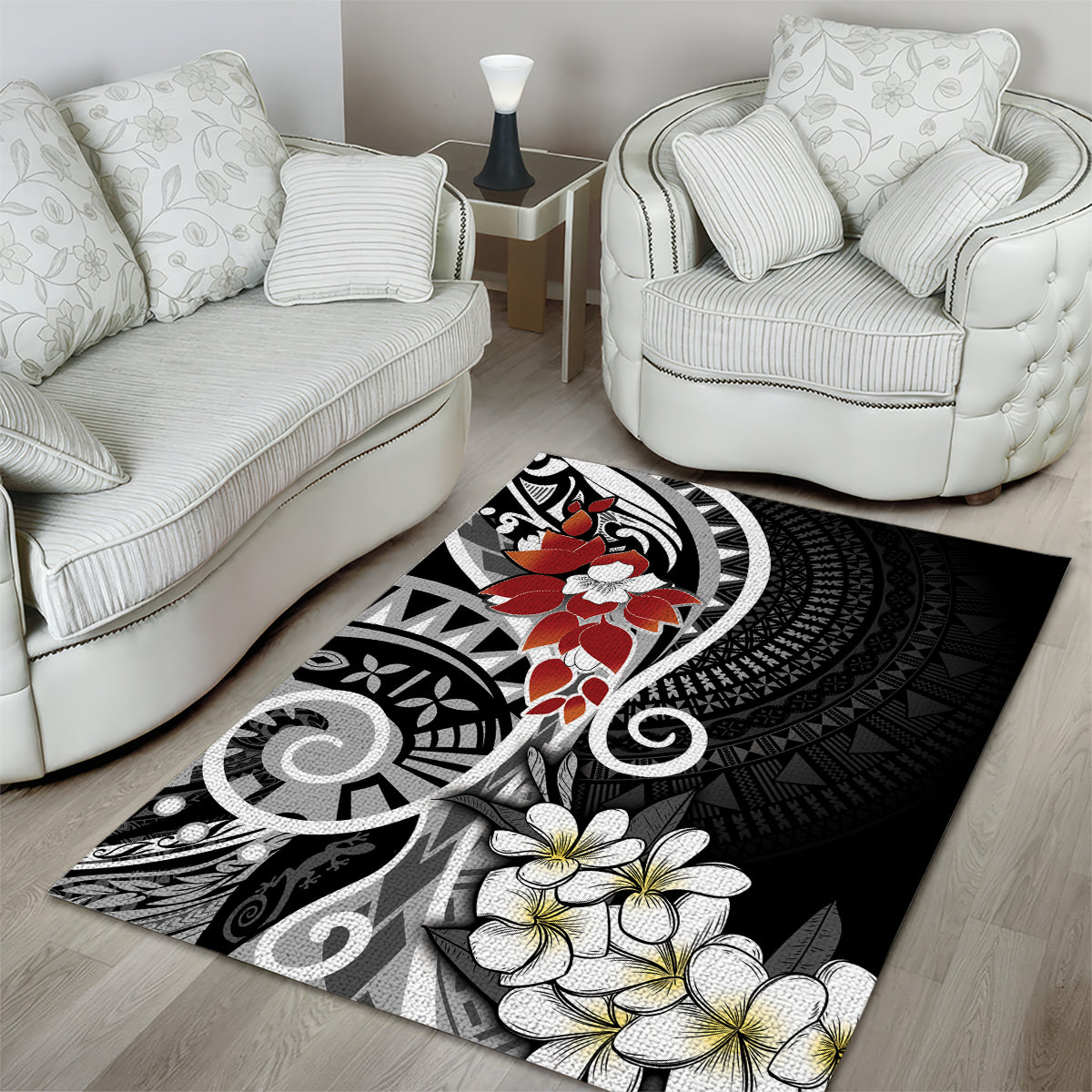 Bula Fiji Tagimaucia Mix Plumeria Masi Tapa Area Rug Black