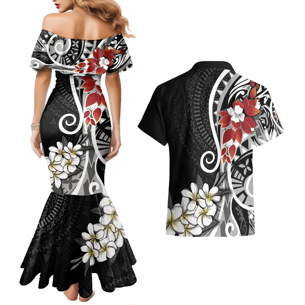 Bula Fiji Tagimaucia Mix Plumeria Masi Tapa Couples Matching Mermaid Dress and Hawaiian Shirt Black LT7 - Polynesian Pride
