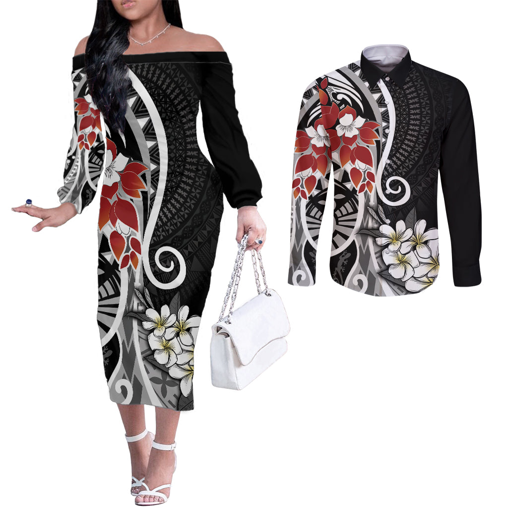 Bula Fiji Tagimaucia Mix Plumeria Masi Tapa Couples Matching Off The Shoulder Long Sleeve Dress and Long Sleeve Button Shirt Black LT7 Black - Polynesian Pride