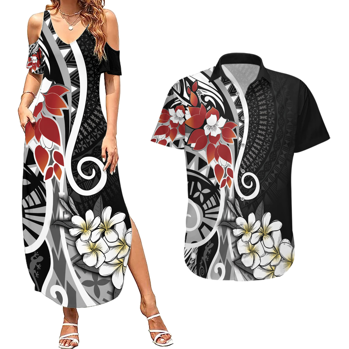 Bula Fiji Tagimaucia Mix Plumeria Masi Tapa Couples Matching Summer Maxi Dress and Hawaiian Shirt Black LT7 Black - Polynesian Pride