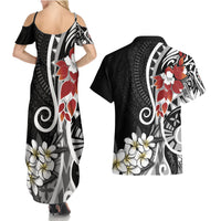 Bula Fiji Tagimaucia Mix Plumeria Masi Tapa Couples Matching Summer Maxi Dress and Hawaiian Shirt Black LT7 - Polynesian Pride