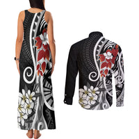 Bula Fiji Tagimaucia Mix Plumeria Masi Tapa Couples Matching Tank Maxi Dress and Long Sleeve Button Shirt Black LT7 - Polynesian Pride