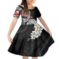 Bula Fiji Tagimaucia Mix Plumeria Masi Tapa Family Matching Long Sleeve Bodycon Dress and Hawaiian Shirt Black LT7 Daughter's Dress Black - Polynesian Pride