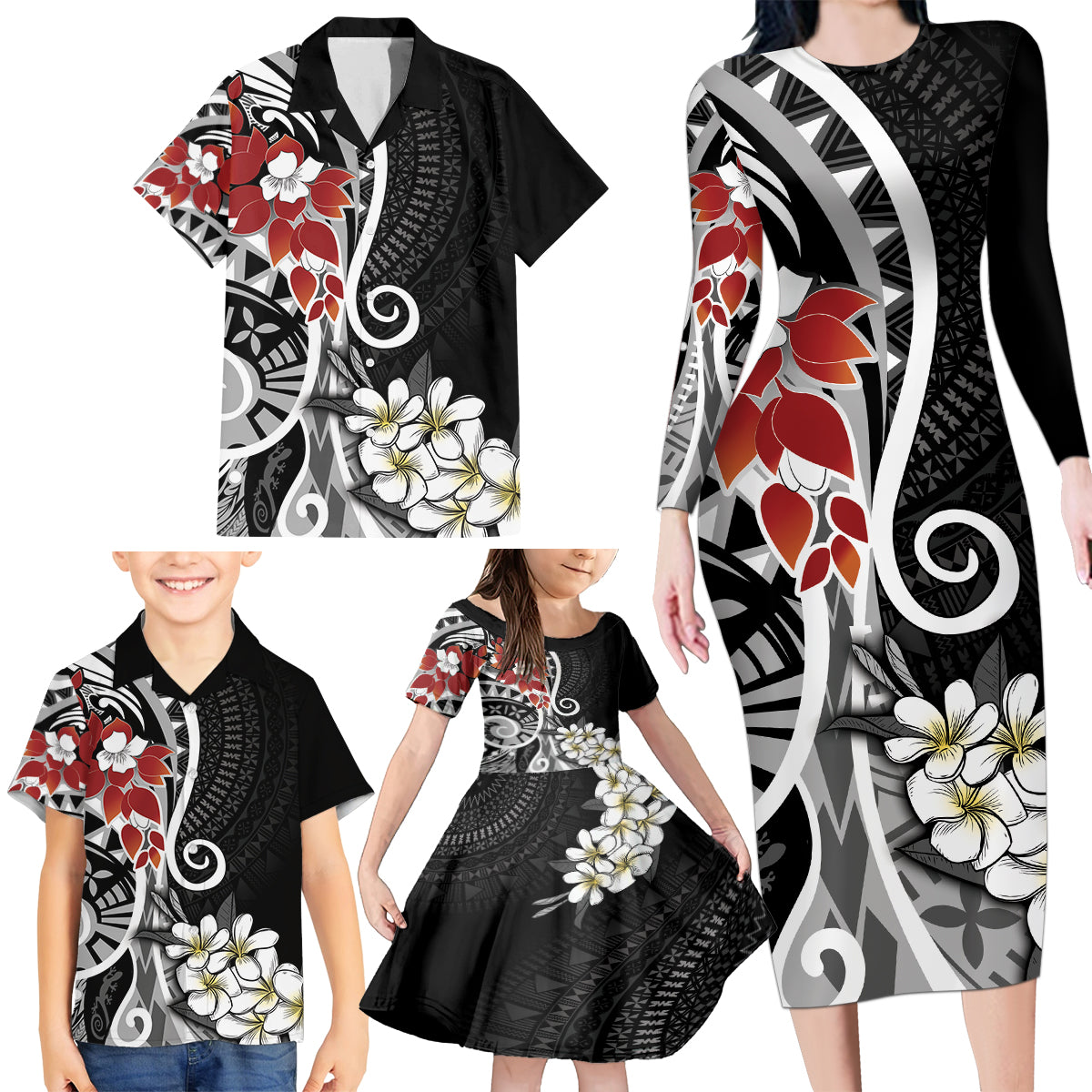Bula Fiji Tagimaucia Mix Plumeria Masi Tapa Family Matching Long Sleeve Bodycon Dress and Hawaiian Shirt Black LT7 - Polynesian Pride