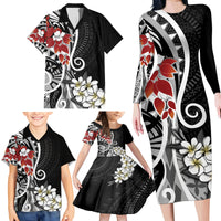 Bula Fiji Tagimaucia Mix Plumeria Masi Tapa Family Matching Long Sleeve Bodycon Dress and Hawaiian Shirt Black LT7 - Polynesian Pride