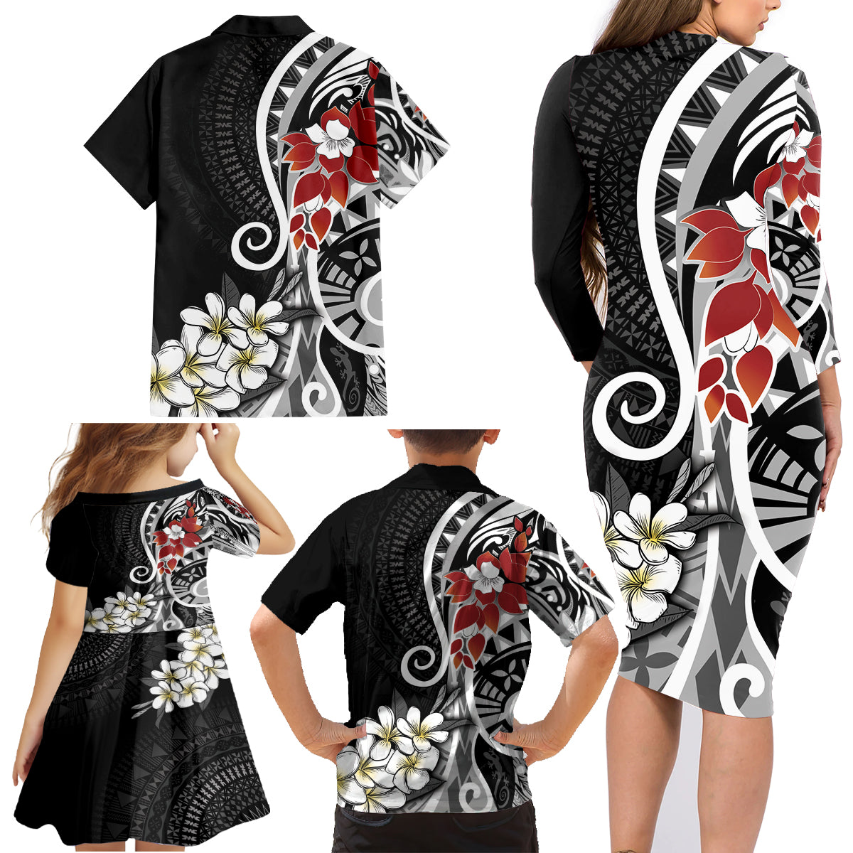 Bula Fiji Tagimaucia Mix Plumeria Masi Tapa Family Matching Long Sleeve Bodycon Dress and Hawaiian Shirt Black LT7 - Polynesian Pride