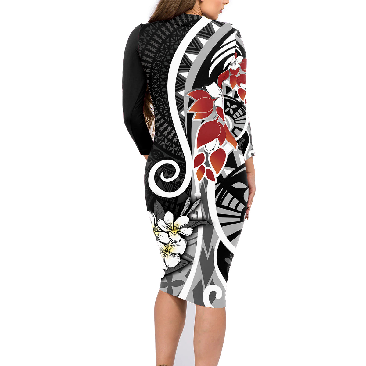 Bula Fiji Tagimaucia Mix Plumeria Masi Tapa Family Matching Long Sleeve Bodycon Dress and Hawaiian Shirt Black LT7 - Polynesian Pride