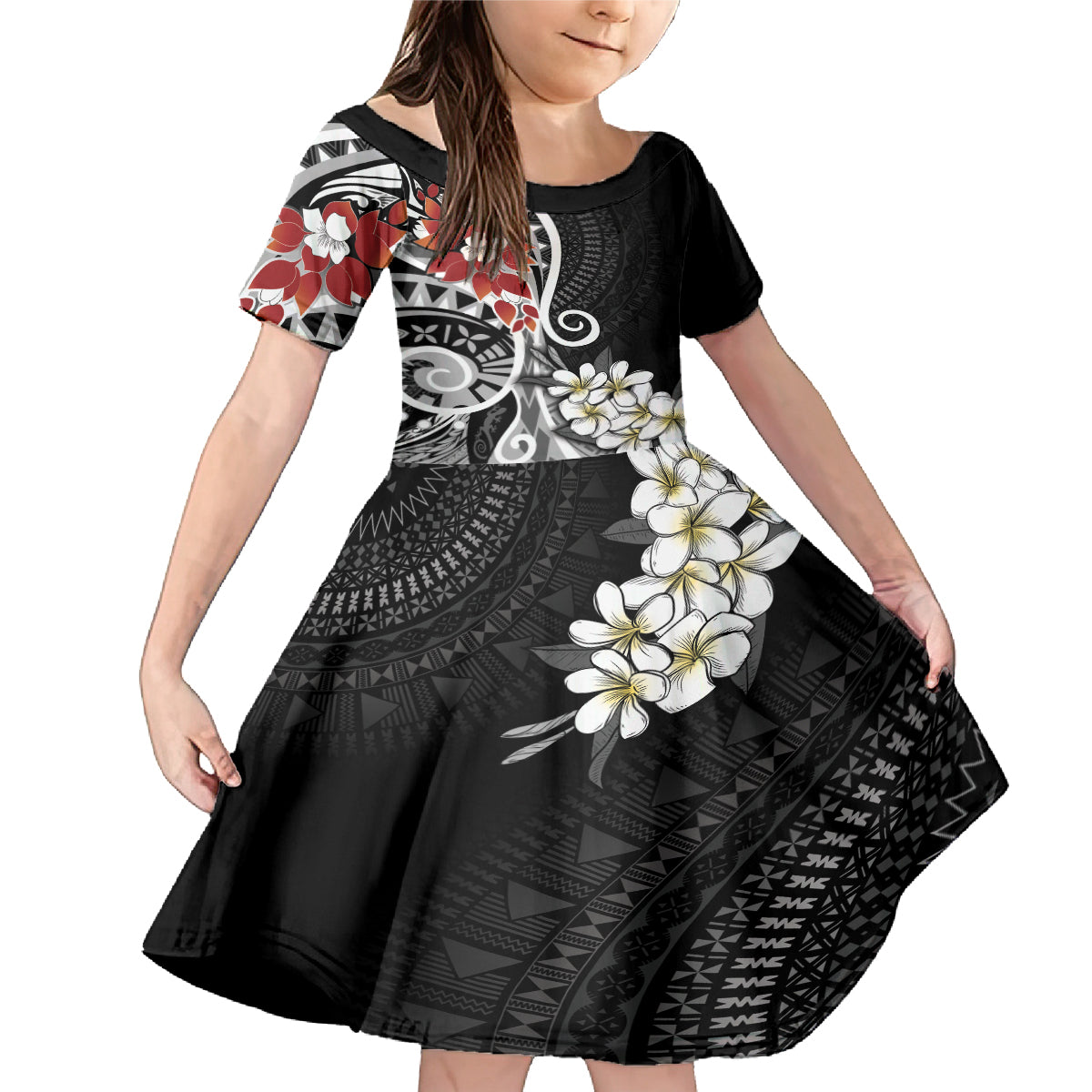 Bula Fiji Tagimaucia Mix Plumeria Masi Tapa Family Matching Mermaid Dress and Hawaiian Shirt Black LT7 Daughter's Dress Black - Polynesian Pride