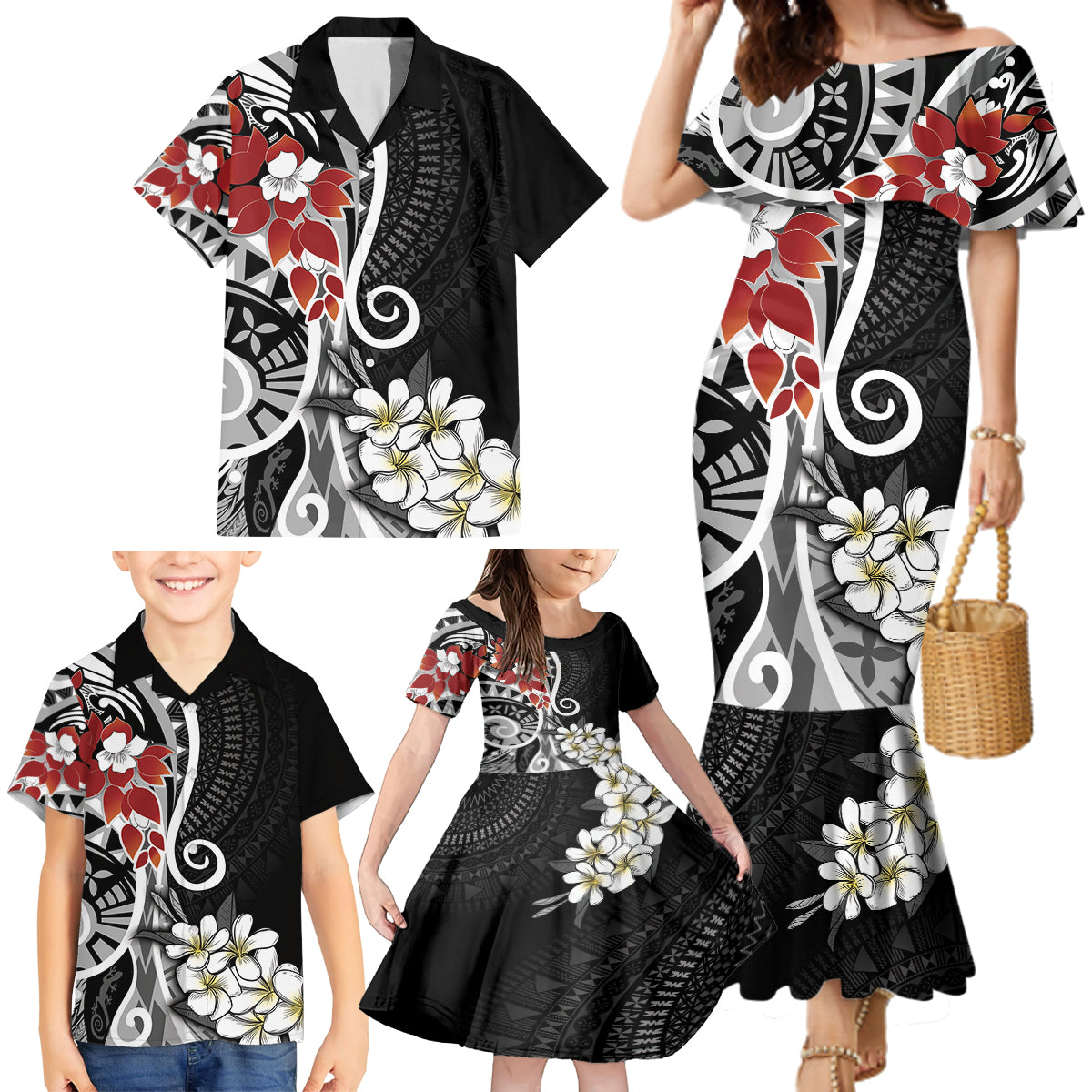Bula Fiji Tagimaucia Mix Plumeria Masi Tapa Family Matching Mermaid Dress and Hawaiian Shirt Black LT7 - Polynesian Pride