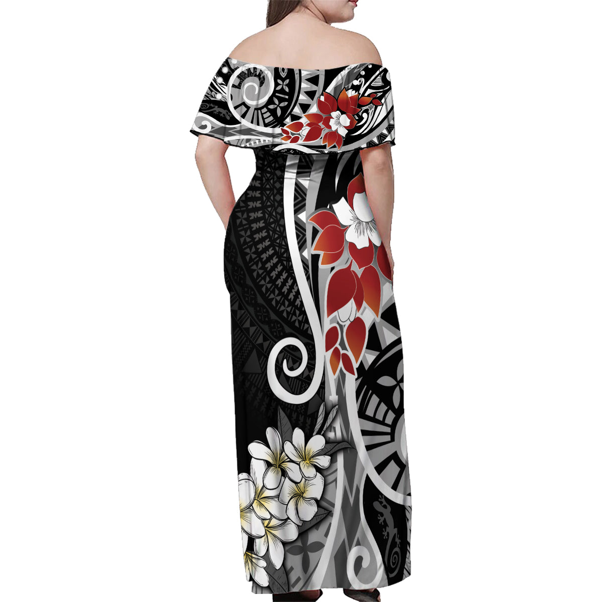 Bula Fiji Tagimaucia Mix Plumeria Masi Tapa Family Matching Off Shoulder Maxi Dress and Hawaiian Shirt Black LT7 - Polynesian Pride