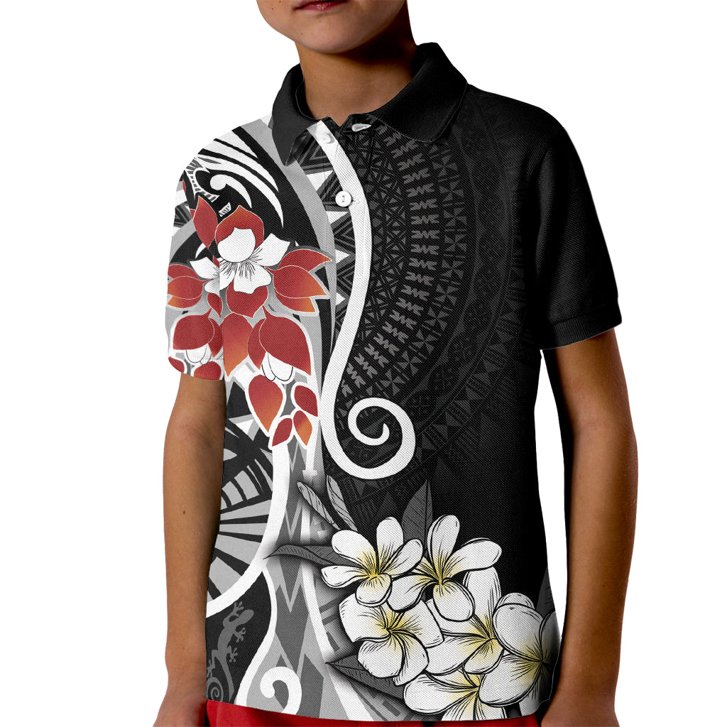 Bula Fiji Tagimaucia Mix Plumeria Masi Tapa Kid Polo Shirt Black LT7 Kid Black - Polynesian Pride