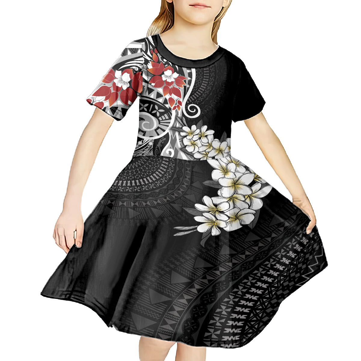 Bula Fiji Tagimaucia Mix Plumeria Masi Tapa Kid Short Sleeve Dress Black LT7 - Polynesian Pride
