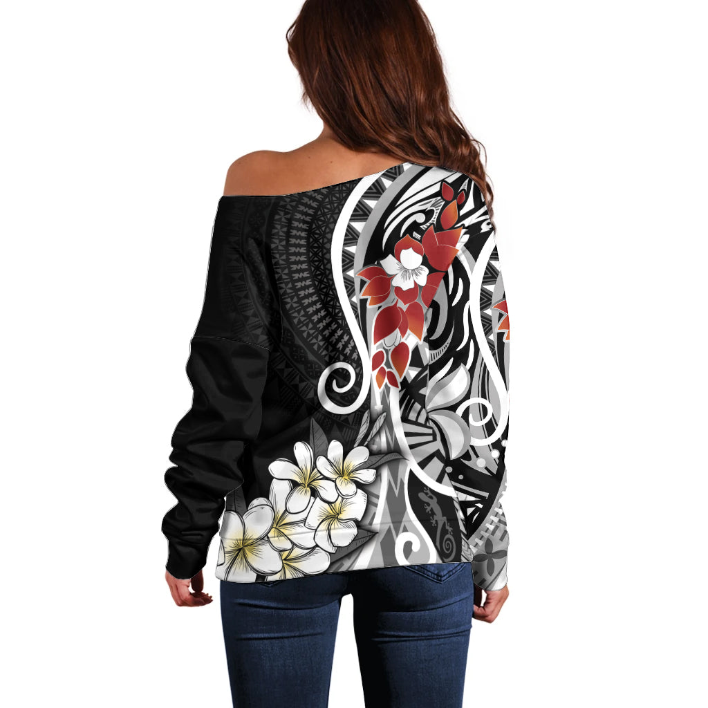 Bula Fiji Tagimaucia Mix Plumeria Masi Tapa Off Shoulder Sweater Black LT7 - Polynesian Pride