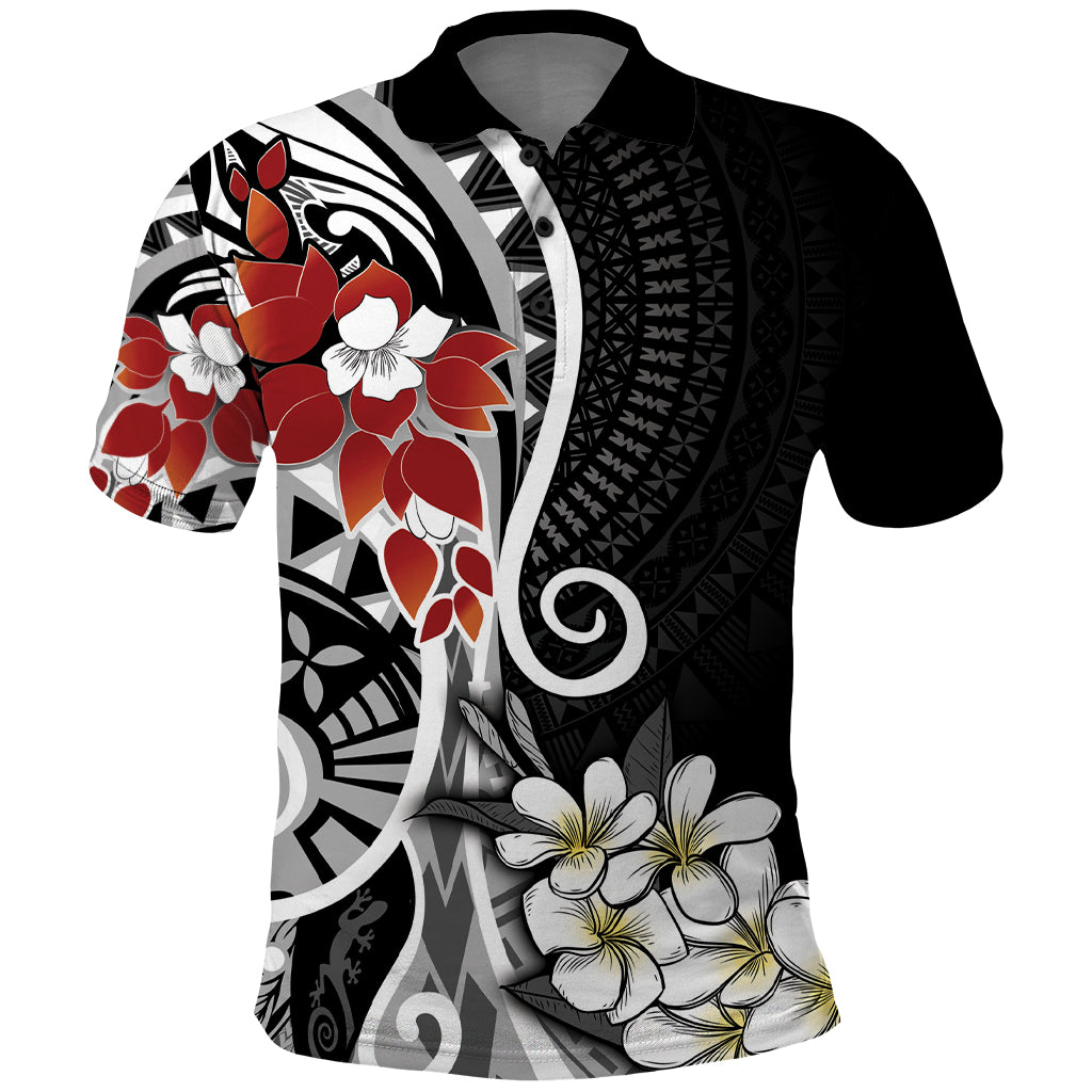 Bula Fiji Tagimaucia Mix Plumeria Masi Tapa Polo Shirt Black LT7 Black - Polynesian Pride