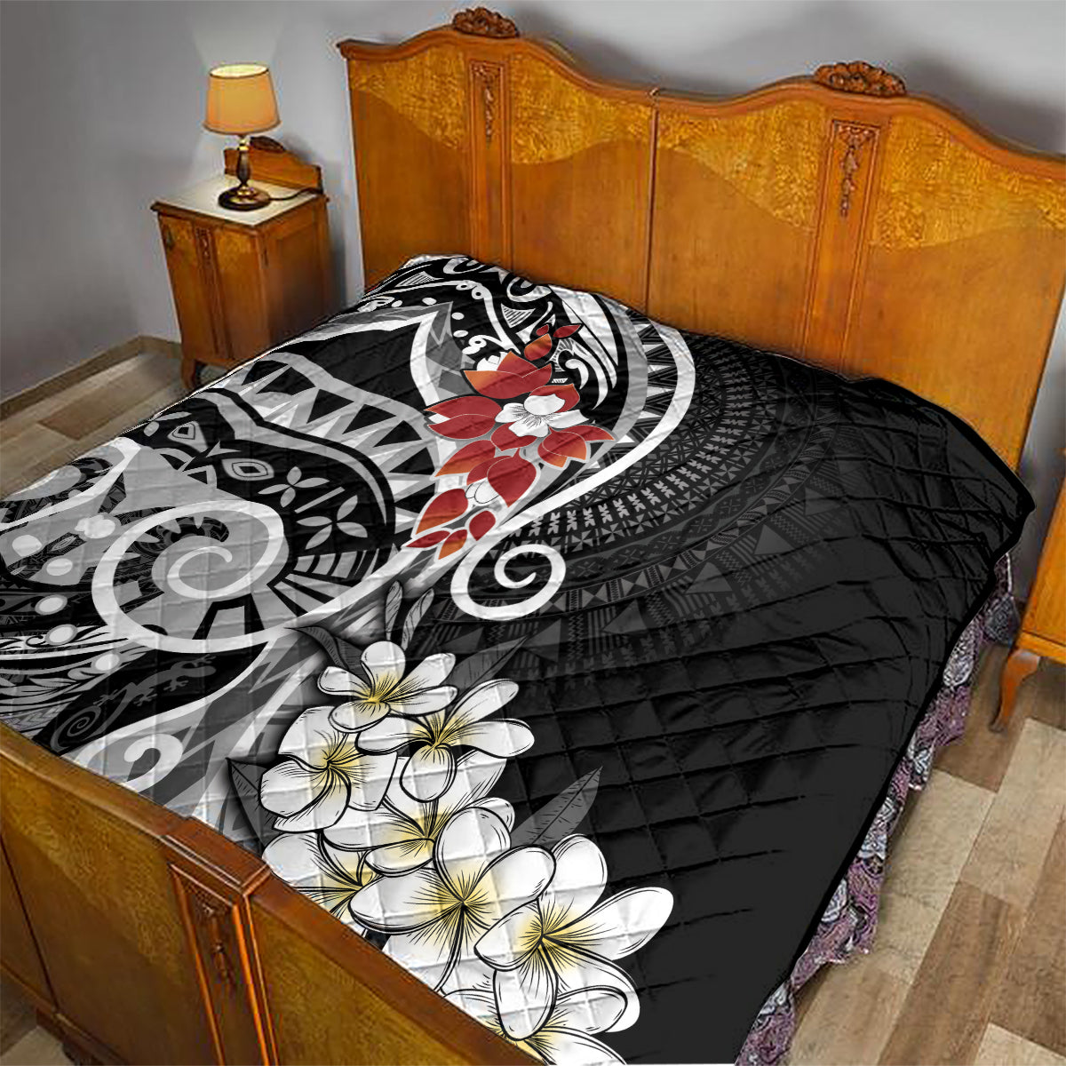 Bula Fiji Tagimaucia Mix Plumeria Masi Tapa Quilt Black