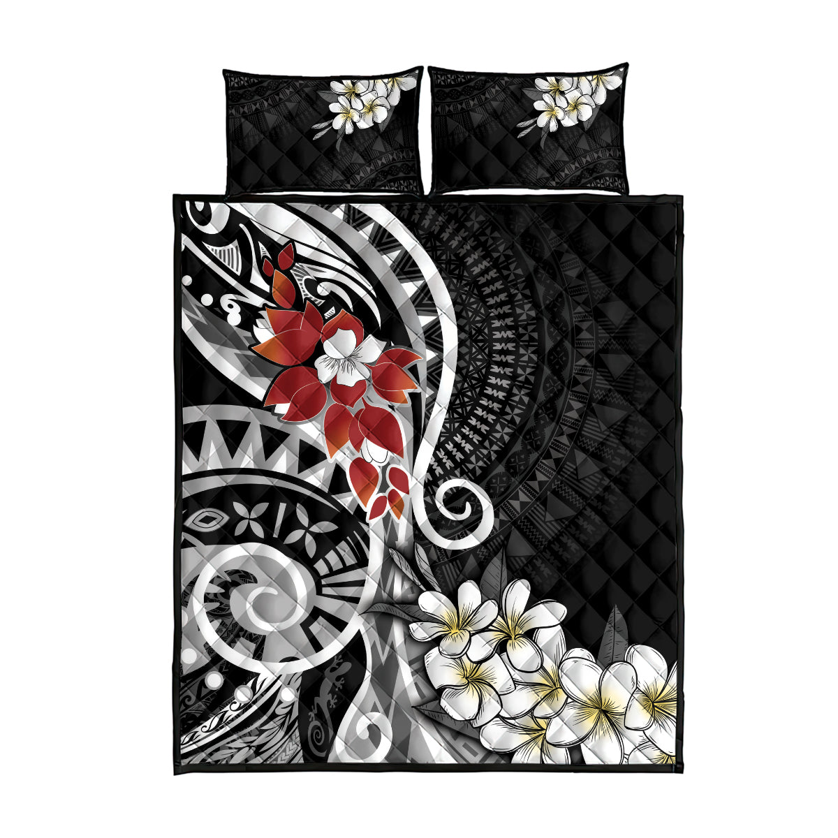 Bula Fiji Tagimaucia Mix Plumeria Masi Tapa Quilt Bed Set Black