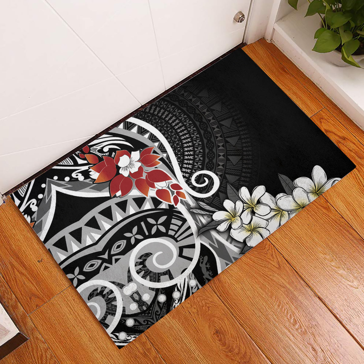 Bula Fiji Tagimaucia Mix Plumeria Masi Tapa Rubber Doormat Black