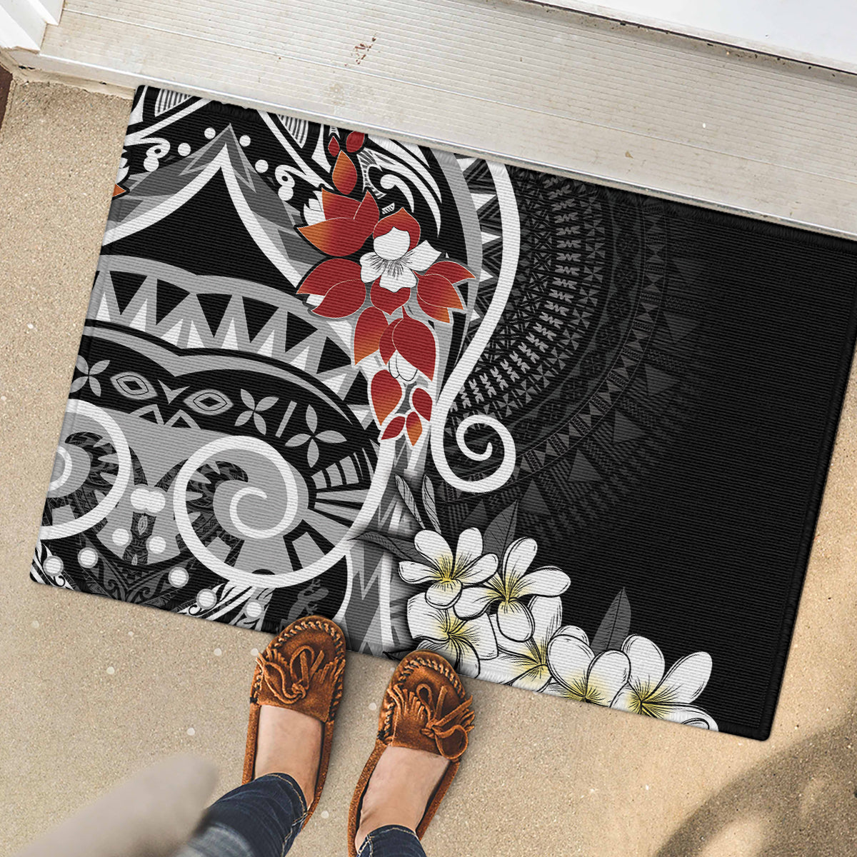 Bula Fiji Tagimaucia Mix Plumeria Masi Tapa Rubber Doormat Black