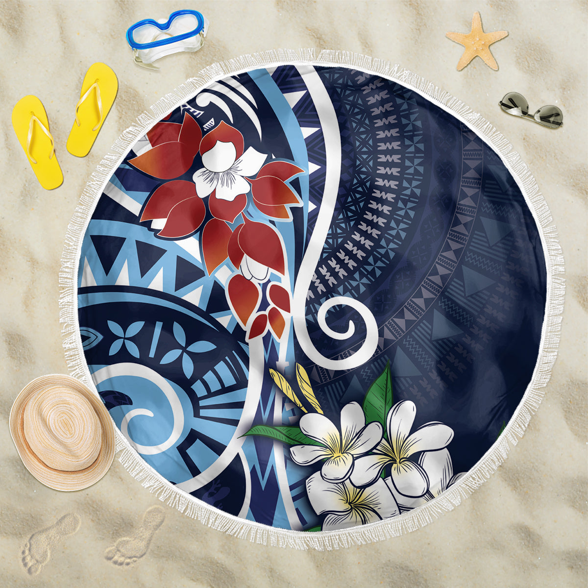 Bula Fiji Tagimaucia Mix Plumeria Masi Tapa Beach Blanket Blue