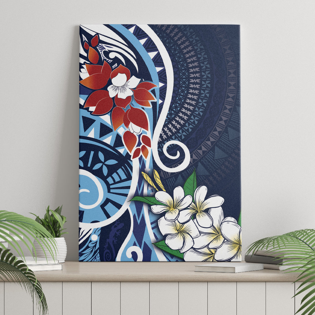 Bula Fiji Tagimaucia Mix Plumeria Masi Tapa Canvas Wall Art Blue