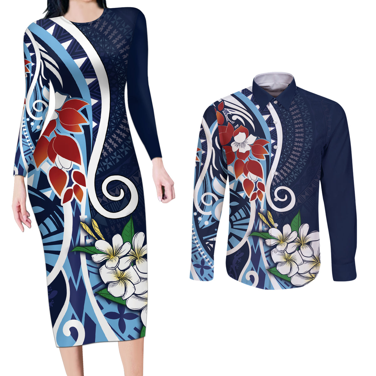 Bula Fiji Tagimaucia Mix Plumeria Masi Tapa Couples Matching Long Sleeve Bodycon Dress and Long Sleeve Button Shirt Blue LT7 Blue - Polynesian Pride