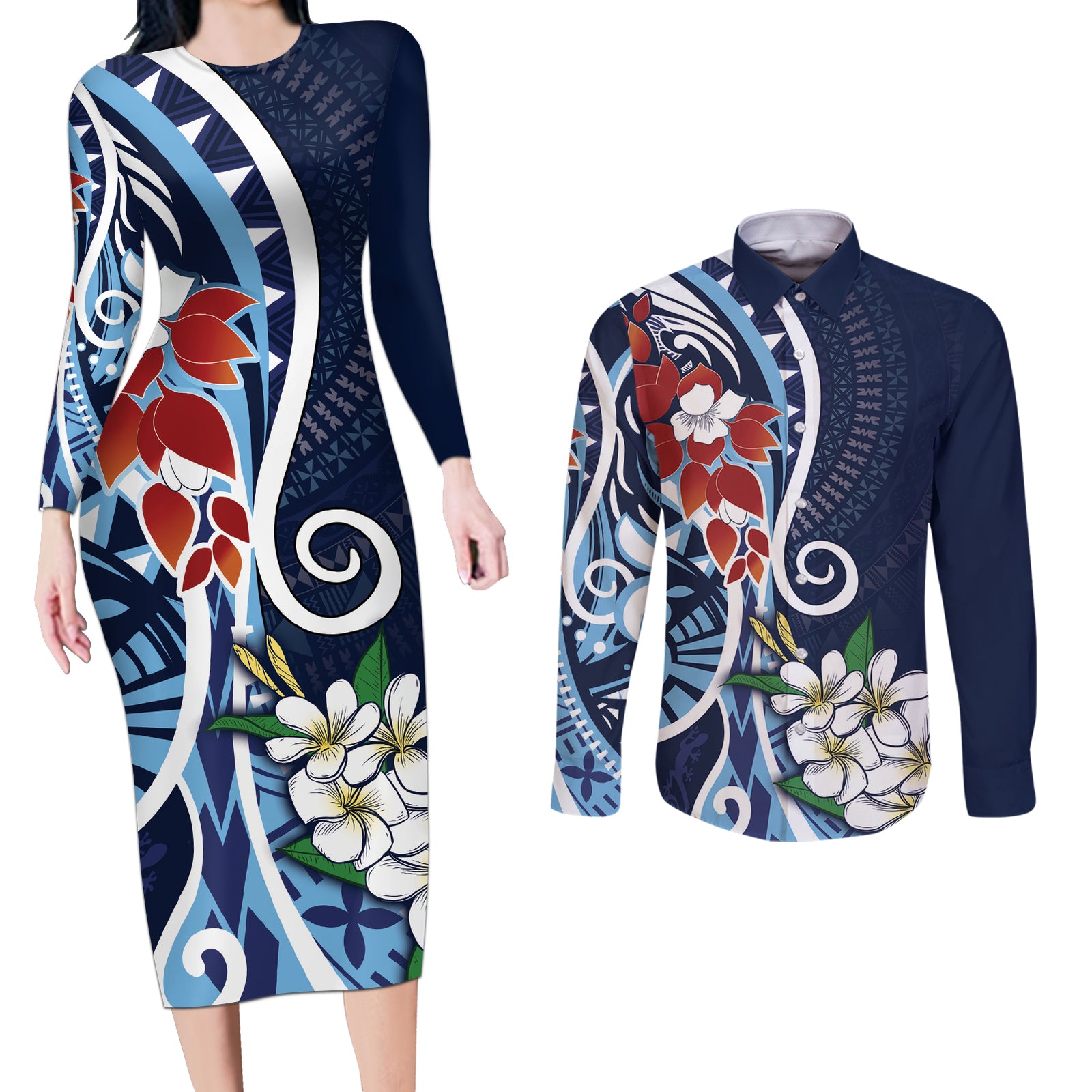 Bula Fiji Tagimaucia Mix Plumeria Masi Tapa Couples Matching Long Sleeve Bodycon Dress and Long Sleeve Button Shirt Blue LT7 Blue - Polynesian Pride