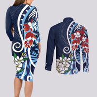 Bula Fiji Tagimaucia Mix Plumeria Masi Tapa Couples Matching Long Sleeve Bodycon Dress and Long Sleeve Button Shirt Blue LT7 - Polynesian Pride