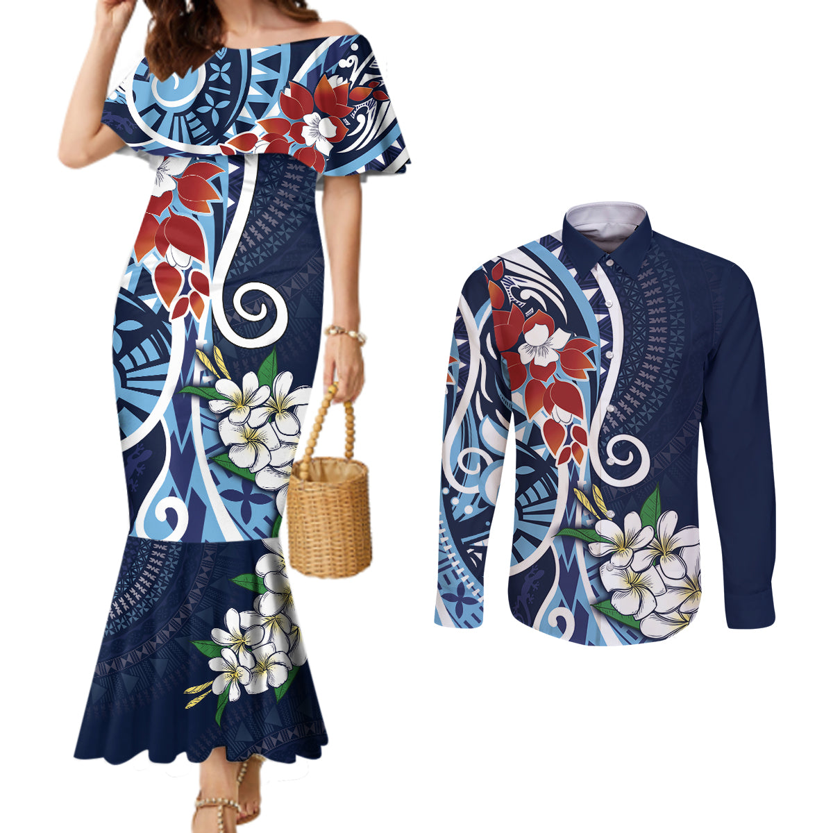 Bula Fiji Tagimaucia Mix Plumeria Masi Tapa Couples Matching Mermaid Dress and Long Sleeve Button Shirt Blue LT7 Blue - Polynesian Pride