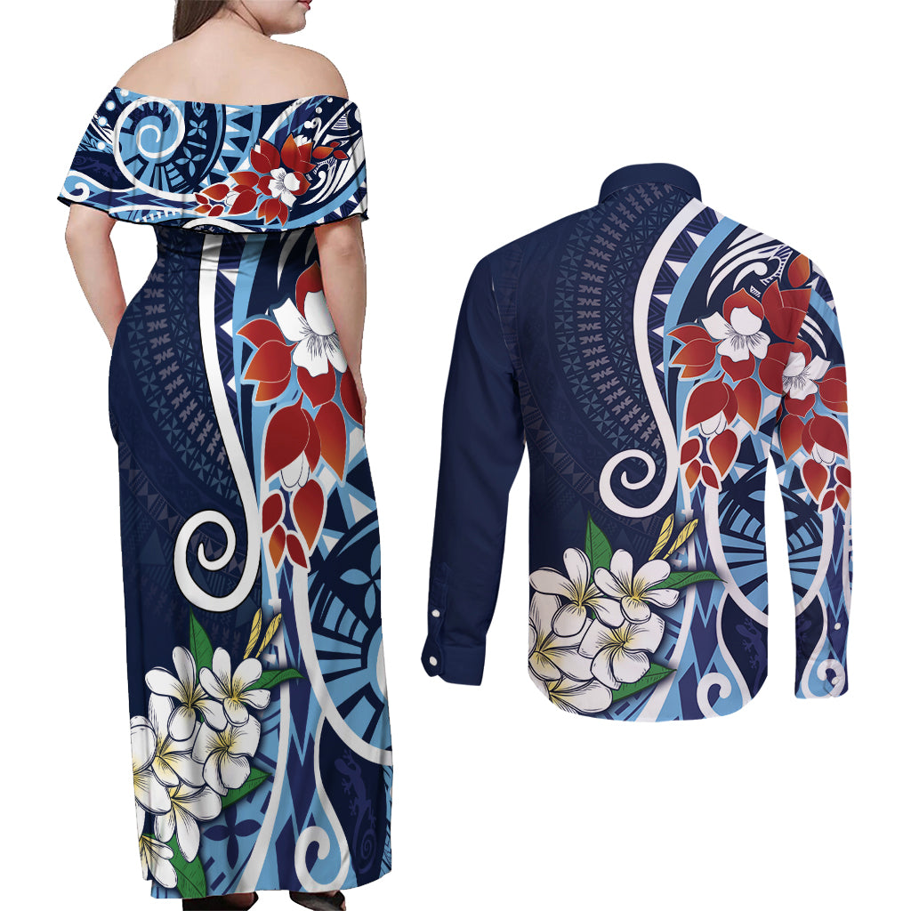 Bula Fiji Tagimaucia Mix Plumeria Masi Tapa Couples Matching Off Shoulder Maxi Dress and Long Sleeve Button Shirt Blue LT7 - Polynesian Pride