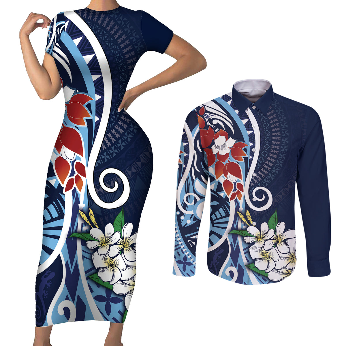 Bula Fiji Tagimaucia Mix Plumeria Masi Tapa Couples Matching Short Sleeve Bodycon Dress and Long Sleeve Button Shirt Blue LT7 Blue - Polynesian Pride