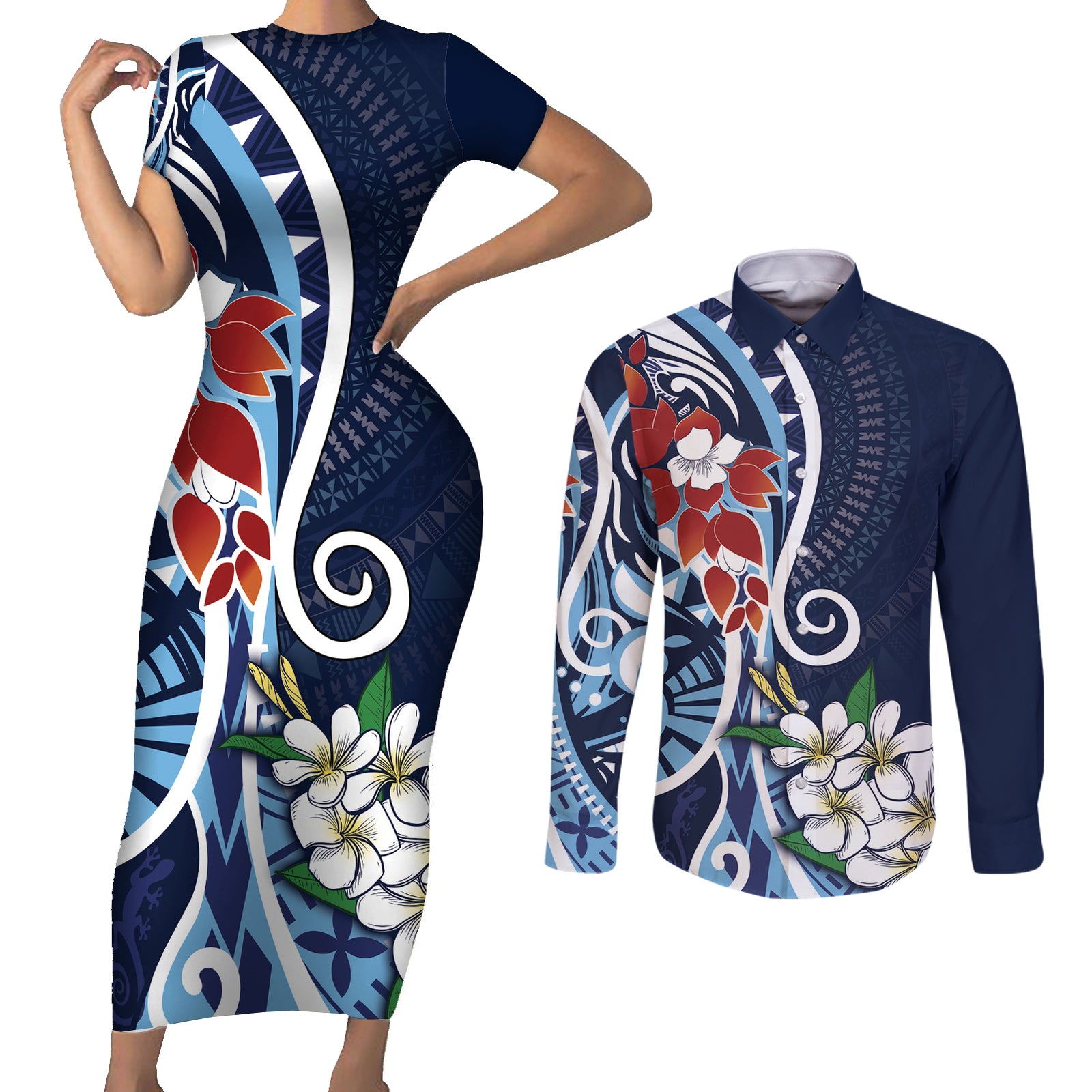 Bula Fiji Tagimaucia Mix Plumeria Masi Tapa Couples Matching Short Sleeve Bodycon Dress and Long Sleeve Button Shirt Blue LT7 Blue - Polynesian Pride
