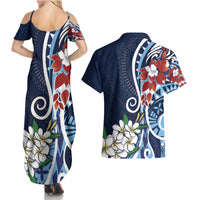 Bula Fiji Tagimaucia Mix Plumeria Masi Tapa Couples Matching Summer Maxi Dress and Hawaiian Shirt Blue LT7 - Polynesian Pride