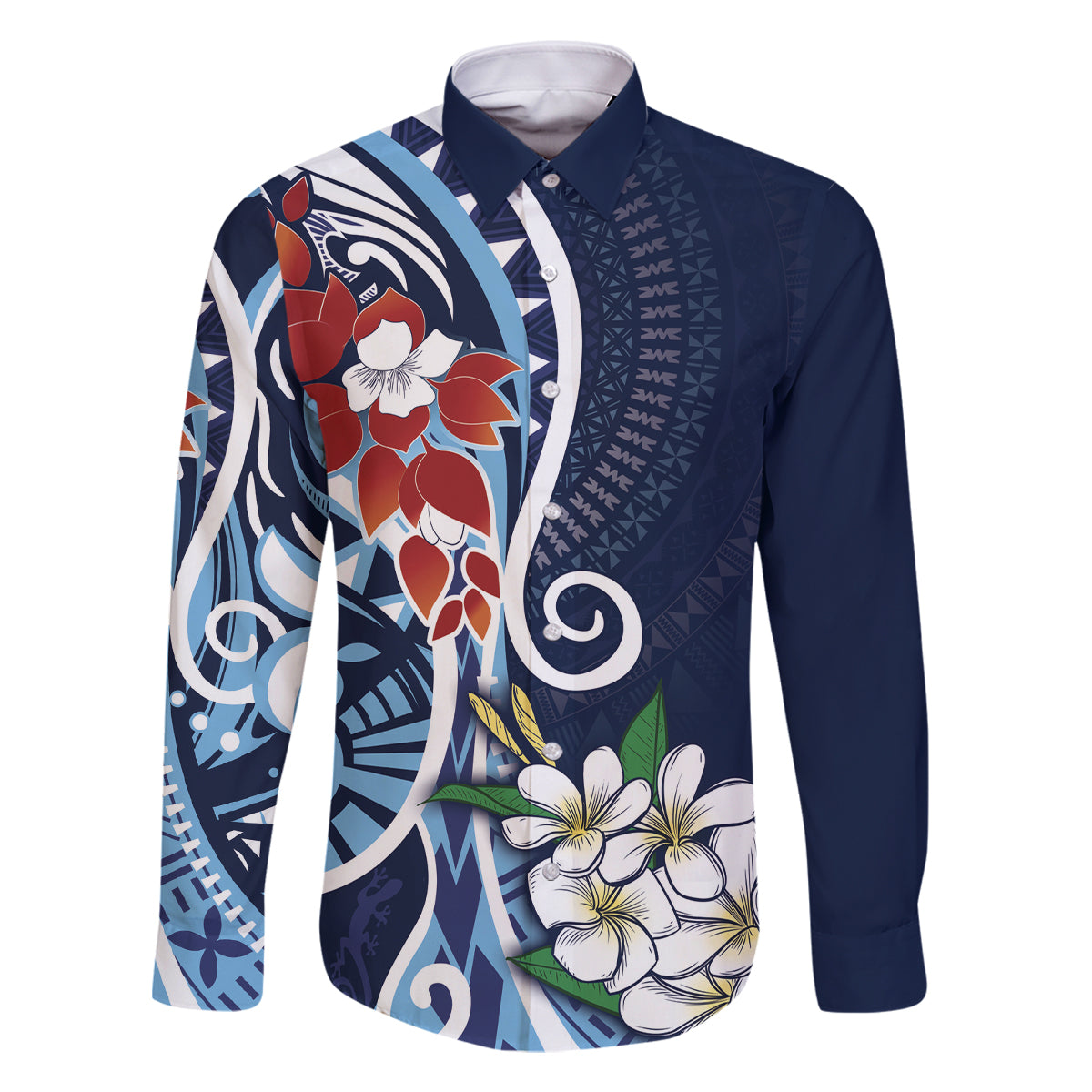 Bula Fiji Tagimaucia Mix Plumeria Masi Tapa Family Matching Long Sleeve Bodycon Dress and Hawaiian Shirt Blue LT7 Dad's Shirt - Long Sleeve Blue - Polynesian Pride