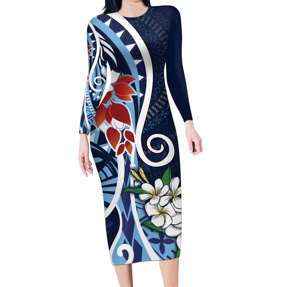 Bula Fiji Tagimaucia Mix Plumeria Masi Tapa Family Matching Long Sleeve Bodycon Dress and Hawaiian Shirt Blue LT7 Mom's Dress Blue - Polynesian Pride