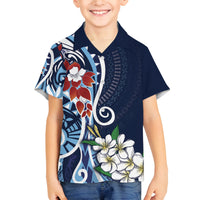 Bula Fiji Tagimaucia Mix Plumeria Masi Tapa Family Matching Long Sleeve Bodycon Dress and Hawaiian Shirt Blue LT7 Son's Shirt Blue - Polynesian Pride