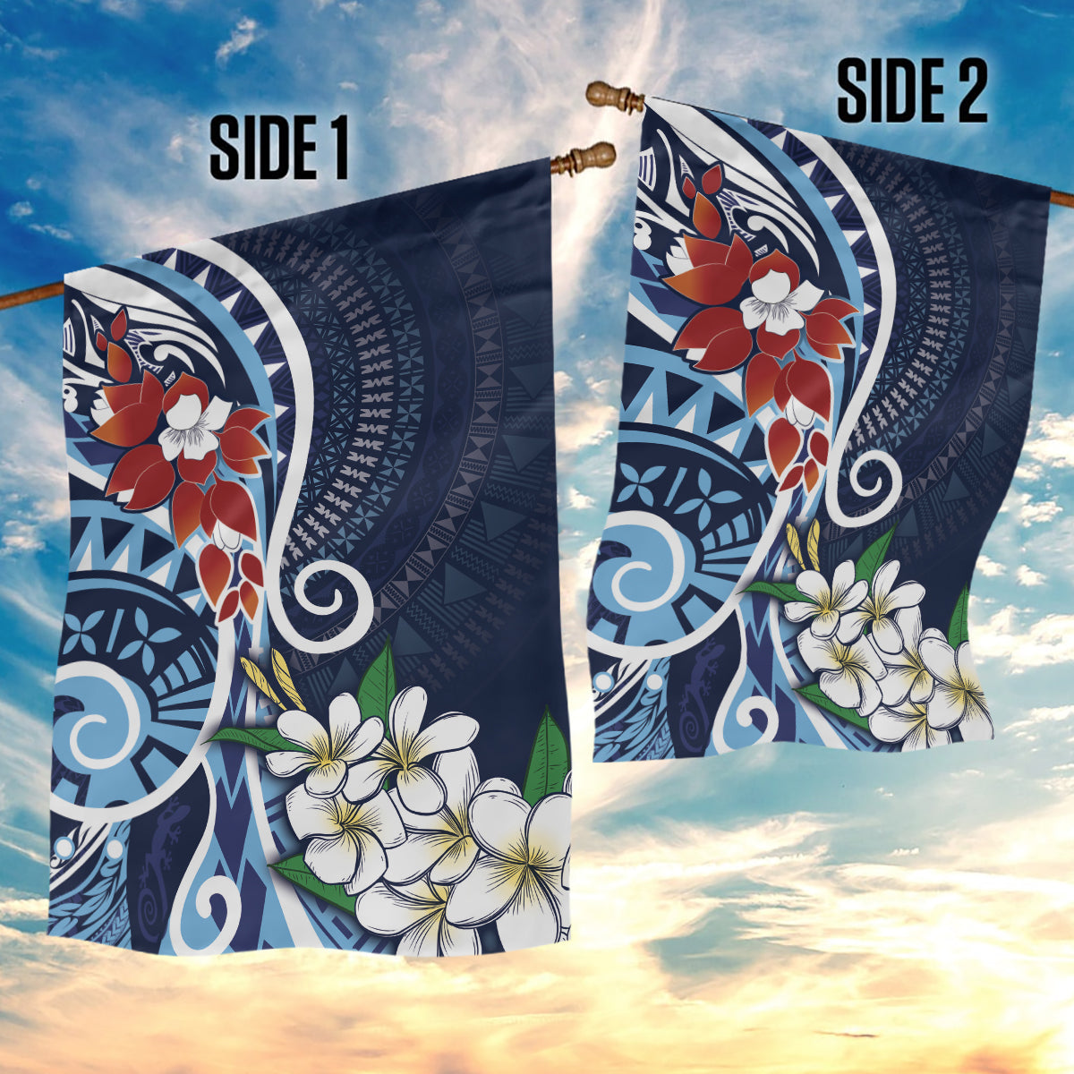 Bula Fiji Tagimaucia Mix Plumeria Masi Tapa Garden Flag Blue