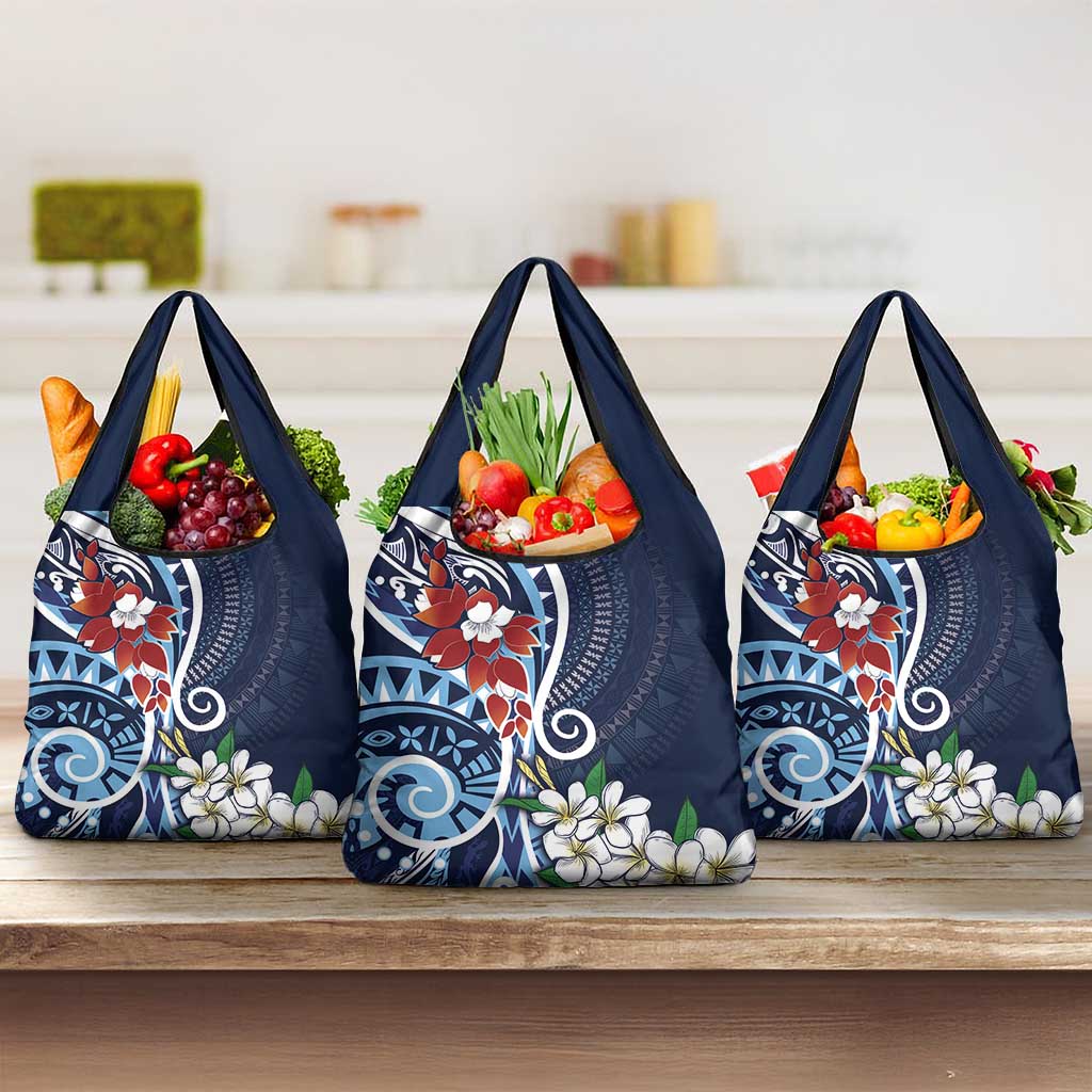 Bula Fiji Tagimaucia Mix Plumeria Masi Tapa Grocery Bag Blue